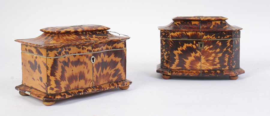 2 19TH C. TORTOISE SHELL IVORY SILVER TEA CADDIES: Two nineteenth Century English tortoise shell ivory and silver line inlaid tea caddies having pagoda form lids and raised on bun feet. Ht: 6" Width: 8" Depth: 5"
