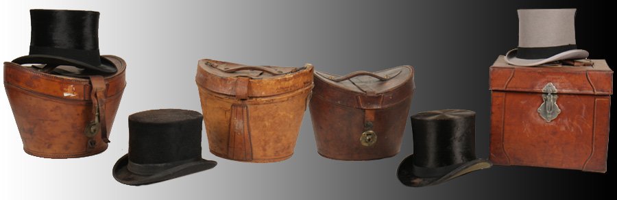 4 ANTIQUE LEATHER MENS HAT BOXES ORIGINAL HATS: Magnificent lot of four antique leather men's hat boxes with original hats circa 1900. Three top hats by Lock & Co. London, and one top hat by Taylor, Philadelphia. Ht: 12" Width: 14" Depth: 14"