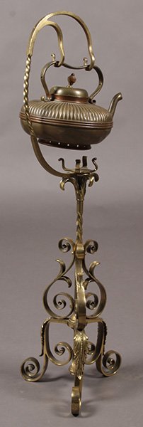 FANTASTIC GORHAM & CO. BRASS TEA KETTLE V112: A fantastic Gorham & Co. brass tea kettle in a wonderful hand wrought brass stand both marked V112. Ht: 32"
