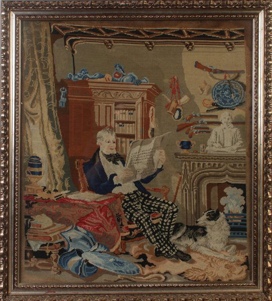HAND STITCHED ART OF SIR WALTER RALEIGH: Hand stitched art depicting Sir Walter Raleigh reading a paper, label en verso reads "Designed and stitched by Charlotte Daly Butler". Ht: 24" Width: 21.5"