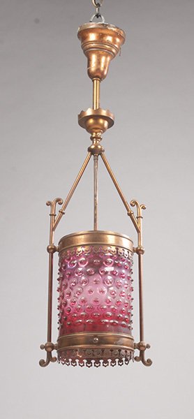 GOTHIC STYLE 1920S HANGING LIGHT HOBNAIL SHADE: Vintage Gothic style hanging light with super original cranberry hobnail glass shade circa 1920. Ht: 30" Width: 10" Depth: 7"