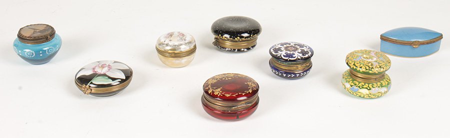 LOT OF 8 EARLY-MID 20TH C. PATCH OR PILL BOXES: Nice lot of eight early to mid twentieth Century Continental patch or pill boxes. Featuring 5 beautifully enameled glass boxes and 3 Limoge porcelain boxes. Dia: 2.5"