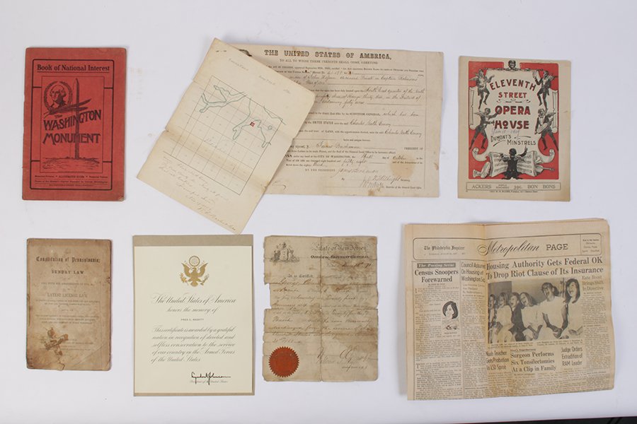 LOT HISTORICAL PRESIDENTAL DOCUMENTS: Eight piece historical printed matter lot dating from between 1728 and 1967. Includes a 1728 bound German bible and 2 presidential signatures, James Buchanan 1858 and Lyndon Johnson 1965.