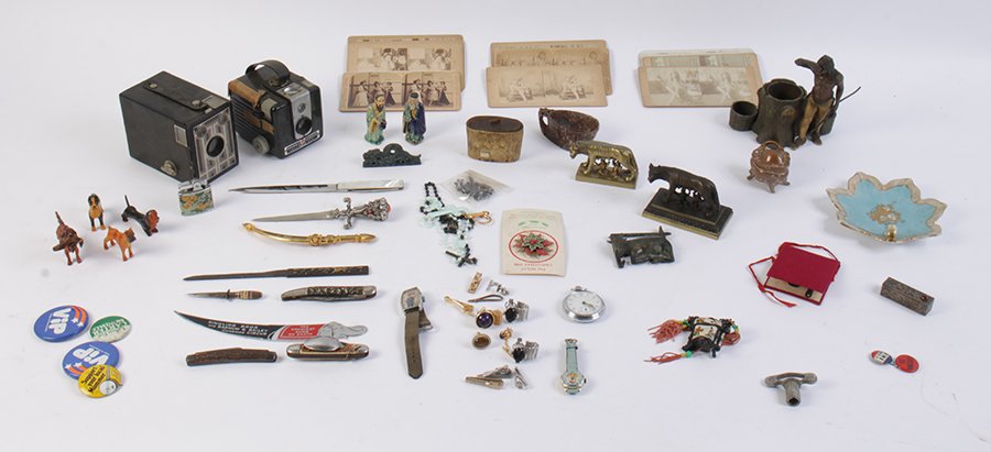 ESTATE BOX LOT COSTUME JEWELRY CAMERAS: An old fashion estate sale box lot with dozens of eclectic items, costume jewelery, old cameras, glass, stereo cards, artifacts and more.