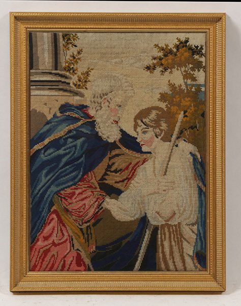 FRAMED NEEDLEPOINT BIBLICAL THEME C. 1900: Framed needlepoint with a biblical theme circa 1900. Ht: 25" Width: 19"