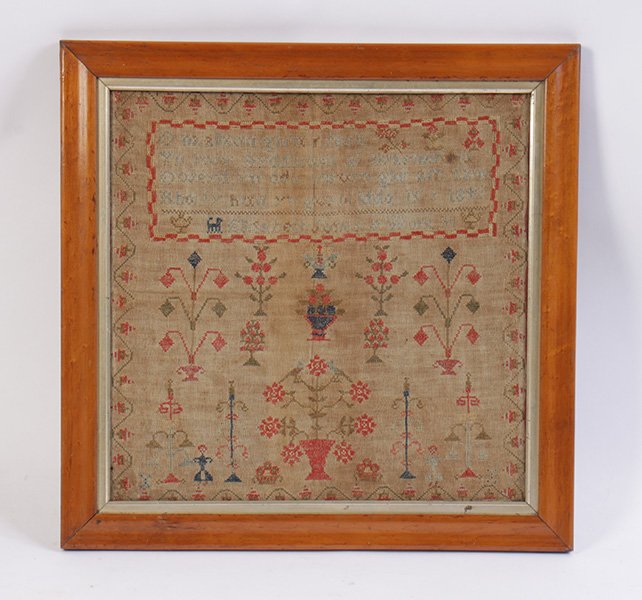 ANTIQUE WELSH NEEDLEWORK ELISABETH JONES C. 1848: A sweet Antique Welsh needlework sampler dated 1848 by Elisabeth Jones.