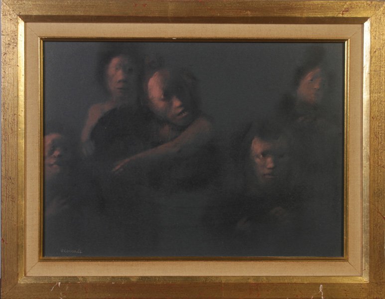 RAFAEL CORONEL "CABEZAS" SIGNED OIL ON MASONITE: Rafael Coronel (Mexican, B.1932) Cabezas, oil on masonite, signed lower left R.Coronel. Image size: 10" x 14" Ht: 13.25" Width: 17.25" (Framed Size)