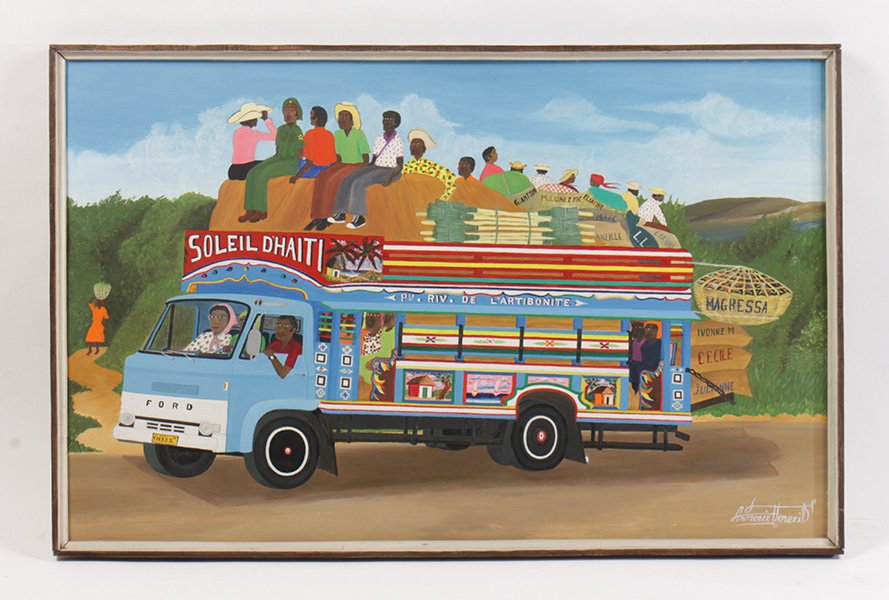LARGE HAITIAN OIL PAINTING SIGNED ARMOUX HOREXIL: A large oil on masonite Haitian painting of figures in a bus, signed lower right Armoux Horexil. Ht: 31.5" Width: 48.5" (framed)