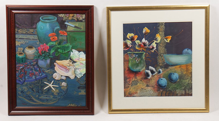 LOT OF 2 PAINTINGS BY FRANK TREFNEY & LEE WHITE: Lot of two still life paintings including an oil on mounted canvas by Frank Trefney and signed lower left, and an oil on paper by Lee White. Ht: 37" Width: 34.5" (largest framed size)