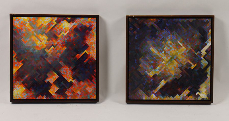 PAIR OF OIL ON PANEL COLOR STUDIES CUBIST STYLE: Pair of oil on panel color studies in the cubist style signed indistinctly en verso circa 1997. Ht: 20" Width: 20" (image size) Ht: 21.5" Width: 21.5" (framed)