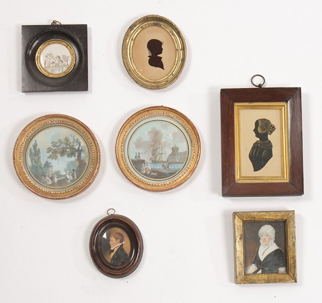 A COLLECTION OF 7 ANTIQUE MINIATURE WORKS OF ART: A collection of seven antique miniature works of art consisting of two paintings on ivory, three water colors on paper, and two silhouettes. Ht: 7" Width: 5" (largest of the silhouettes)