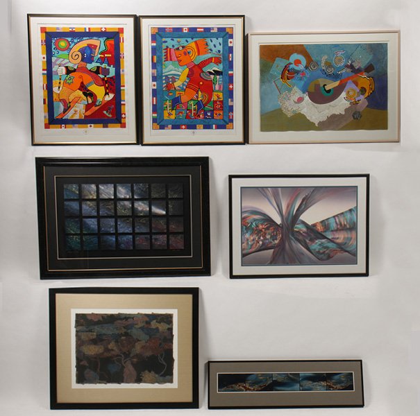 COLLECTION OF 7 ABSTRACT WORKS OF ART: A collection of seven abstract works of art in various styles. Including two sets of paintings by Christi Eisenberg, two 2002 Olympics prints, a mixed media on paper by Renee Frank, and a mixed media 