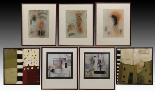 COLLECTION OF 7 ABSTRACT WORKS OF ART: A collection of seven abstract works of art. Including two mixed media on canvas by Anke Schofield, three prints by Susan Laufer signed and numbered in lower right corner, and two abstract prints. Ht: