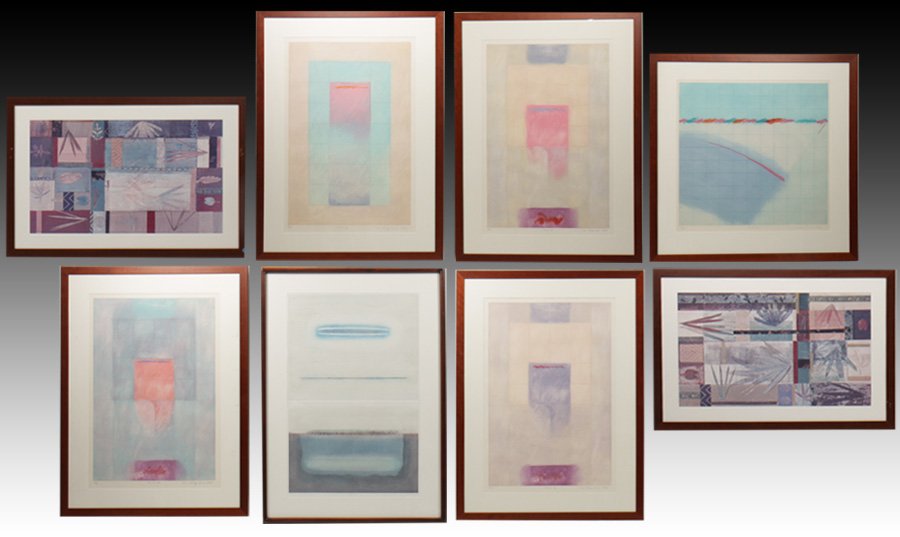 COLLECTION OF 8 MINIMALIST PRINTS: Collection of eight minimalist and grid based modern prints, all with fine wood frames. Ht: 48" Width: 36" (largest framed size)