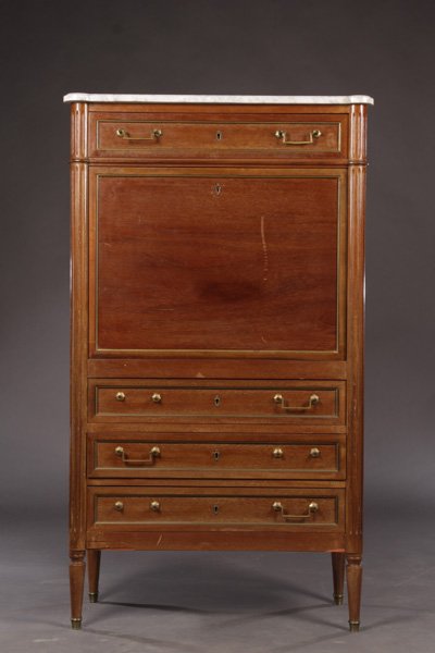 LOUIS XVI STYLE BRONZE MOUNTED SECRETAIR ABATTANT: A Louis XVI style bronze mounted Secretaire Abattant having a marble top over tall tray desk and three drawers, circa 1940. Flanked by fluted columns raised on turned legs. Ht: 56.5" Width: 32" Depth: