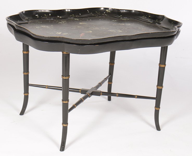 19TH C. PAPIER MACHE TRAY TOP TABLE BAMBOO BASE: A nineteenth Century papier mÃ¢chÃ© tray top table having bird and floral decoration supported by a faux bamboo base. Ht: 20" Width: 31" Depth: 24"