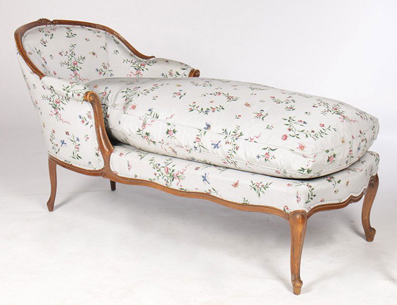 LOUIS XVI STYLE CHAISE LOUNGE: A Louis XVI style chaise lounge having down cushion and cabriole legs. Ht: 32" Width: 28" Depth: 53"
