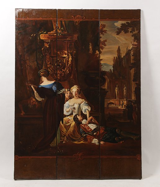 PAINTED THREE PANEL SCREEN CIRCA 1890: A late nineteenth Century painted three panel screen depicting a courting scene circa 1890. Each panel 17" Ht: 68.5" Width: 51"
