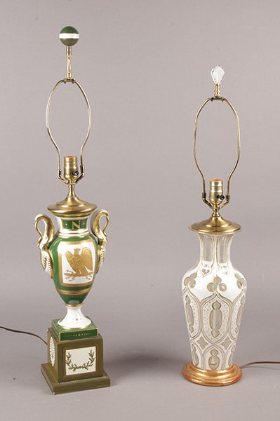2 FRENCH ANTIQUE PARIS PORCELAIN LAMPS C. 1930: Two decorative table lamps with French Antique Paris porcelain urn,custom base circa 1930, Bohemian cut, and gilded glass vase lamp. Ht:34"