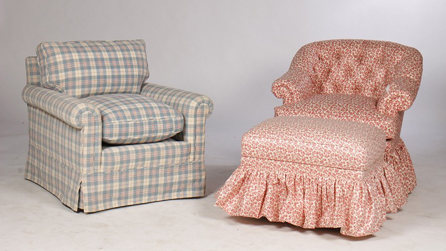 2 UPHOLSTERED CLUB CHAIRS AND AN OTTOMAN: A lot of two upholstered club chairs and an ottoman, one chair labeled Ralph Lauren. Ht: 32" Width: 33" Depth: 26"