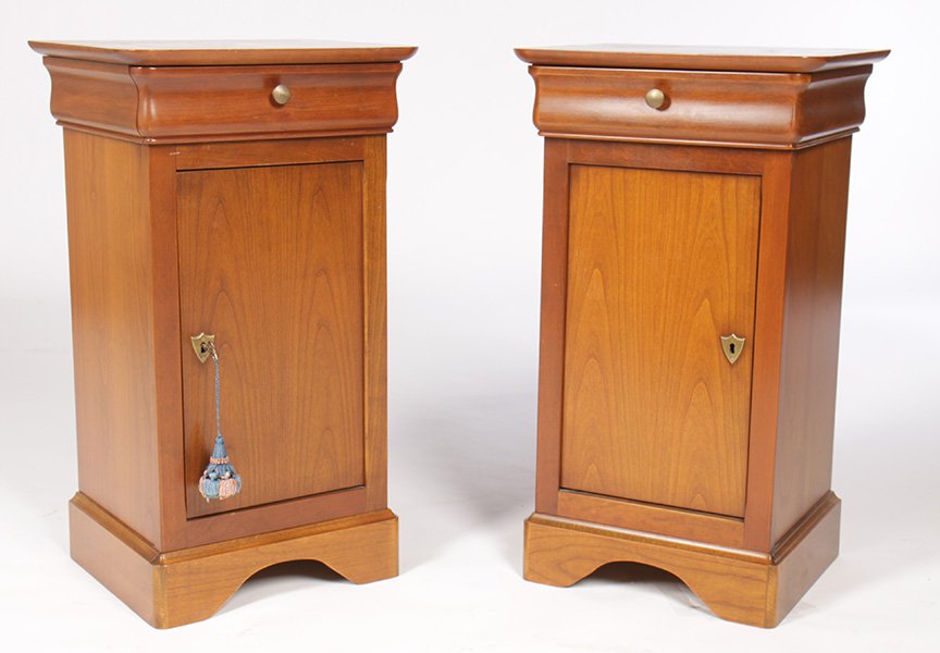 PAIR OF BIEDERMEIER STYLE END TABLES/CABINETS: A pair of Biedermeier style end tables/cabinets having single drawer over a door raised on bracket feet. Ht: 28.5" Width: 16" Depth: 13"