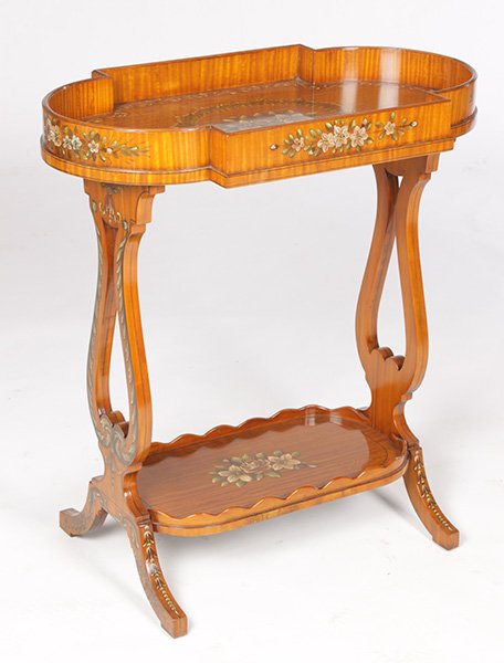 ADAMS STYLE PAINTED SIDE TABLE: An Adams style paint decorated satinwood side table having tray side top with flower painted decoration over lower shelf. Supported on lyre form legs. Ht: 30.5" Width: 28" Depth: 16"