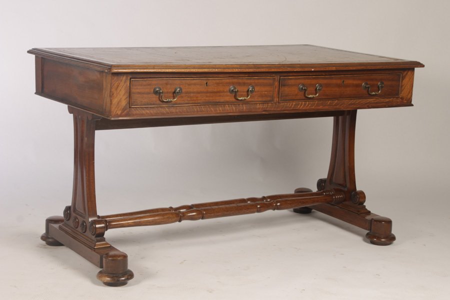19TH CENTURY REGENCY STYLE PARTNERS DESK MAHOGANY: Nineteenth Century Regency style mahogany partners desk with inset leather top over two drawers supported on pedestal base with turned stretchers. Ht: 30" Width: 53" Depth: 30"