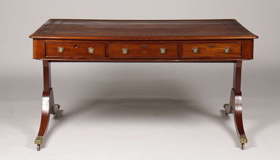19TH CENT. ENGLISH MAHOGANY LEATHER PARTNER'S DESK: A nineteenth century English mahogany and leather top partner's desk. Ht: 30" Width: 59" Depth: 41"