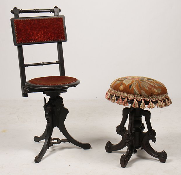 AMERICAN VICTORIAN L. POSTAWKA PIANO CHAIR C.1880: American victorian L. Postawka patented rotating piano chair and a needlepoint cushion stool circa 1880. Ht: 39" Width: 15" Depth: 15"
