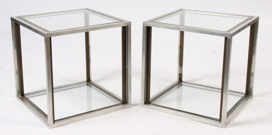 PAIR MID CENTURY MODERN CHROME BRASS END TABLES C1970: Pair of mid century modern chrome and brass two tier end tables circa 1970. Ht: 20" Width: 20" Depth: 20"