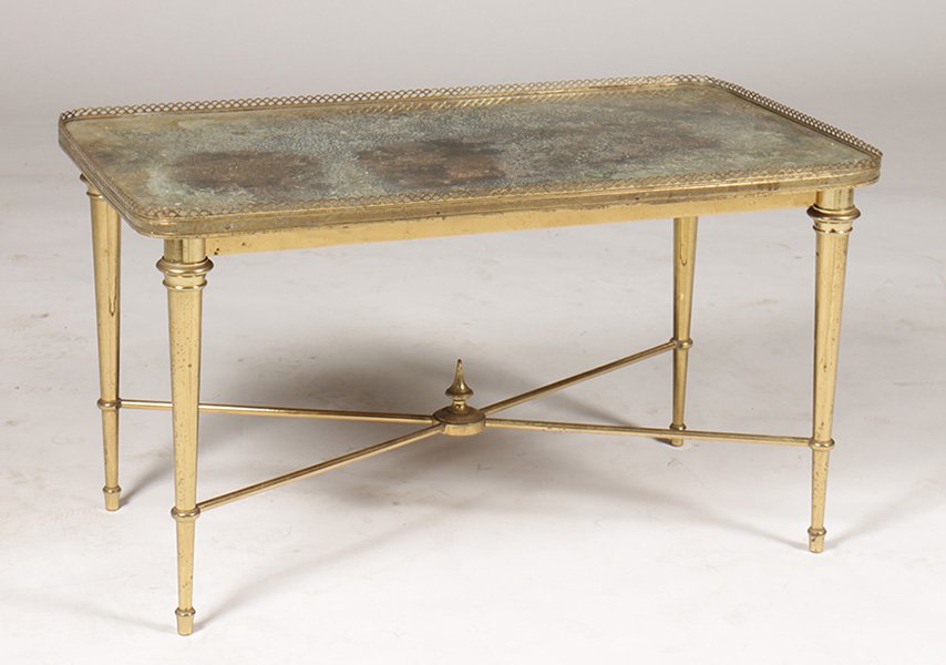 BRONZE X-FORM LOW TABLE MOTTLED MIRRORED TOP: A bronze X-form low table with an unusual mottled mirrored top. Ht: 18" Width: 32" Depth: 18"