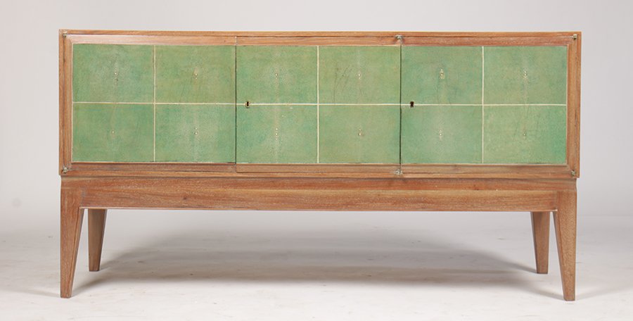 FRENCH MAHOGANY CREDENZA SHAGREEN DOORS C. 1940: An interesting French mahogany credenza with shagreen decorated doors all raised on tapered legs circa 1940. Ht: 33" Width: 63" Depth: 20"