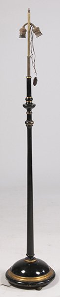 EBONIZED GILT WOOD FLOOR LAMP PLATFORM C.1940: An ebonized and gilt wood floor lamp having a turned platform base circa 1940. Ht: 58"