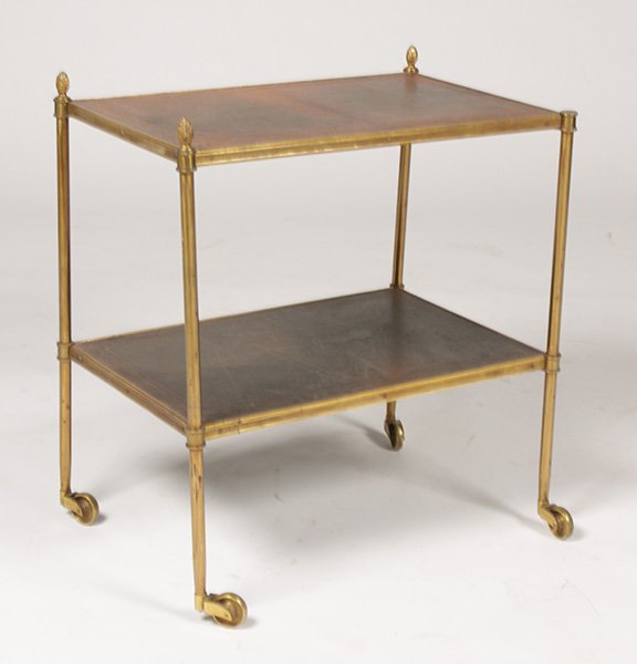 BRONZE JANSEN 2 TIER LEATHER TOP DRINKS TABLE: A classic bronze Jansen two tier leather top drinks table circa 1940. Ht: 24" Width: 21" Depth: 14"