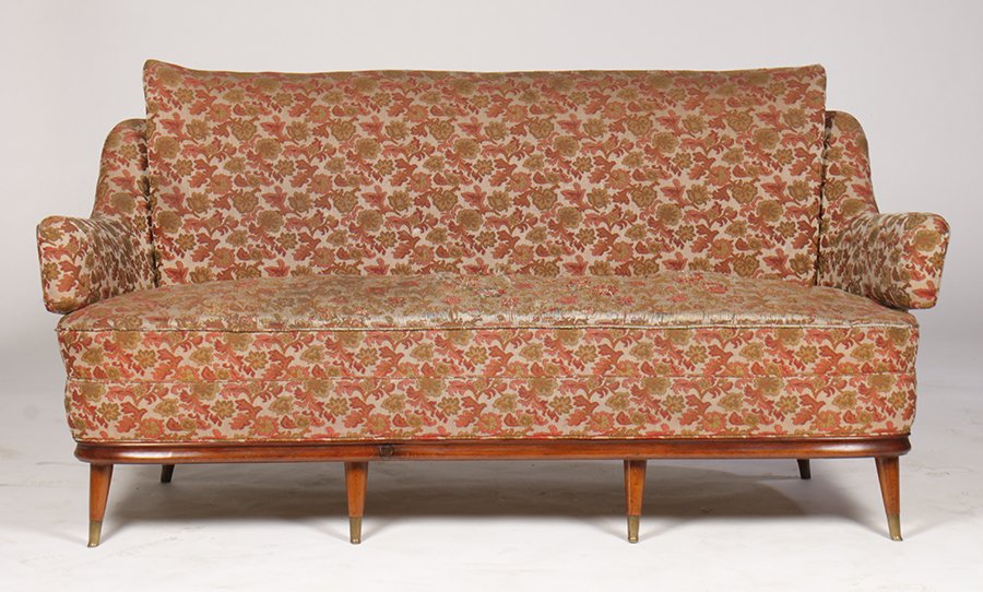 ITALIAN SETTEE SERPENTINE FRONT C. 1950: A Italian settee having serpentine front and brass trimmed wood feet circa 1950. Ht: 34.5" Width: 68" Depth: 29"