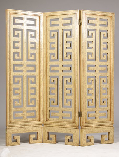 JAMES MONT STYLE 3 PANEL CHINESE SCREEN C. 1960: A James Mont style three paneled Chinese inspired carved and painted screen circa 1960. Ht: 72" Width: 63"