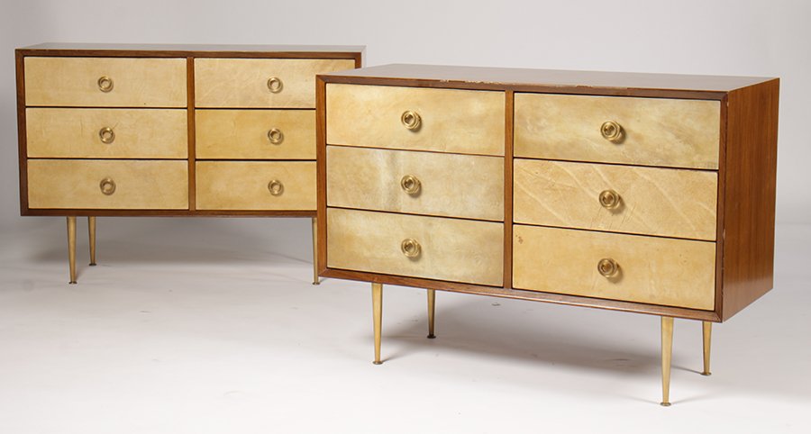 PR ITALIAN MODERN COMMODES GIO PONTI PARCHMENT: A pair of Italian mid century modern commodes in the manner of Gio Ponti, each having six parchment front drawers supported on tapering bronze legs. Ht: 32" Width: 46" Depth: 18"