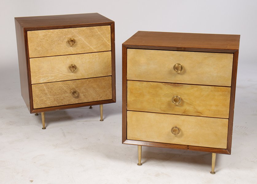 PR ITALIAN MID CENTURY MODERN PARCHMENT STANDS: A pair of Italian mid century modern mahogany and parchment three drawer stands in the manner of Gio Ponti. Ht: 28" Width: 23.5" Depth: 16"