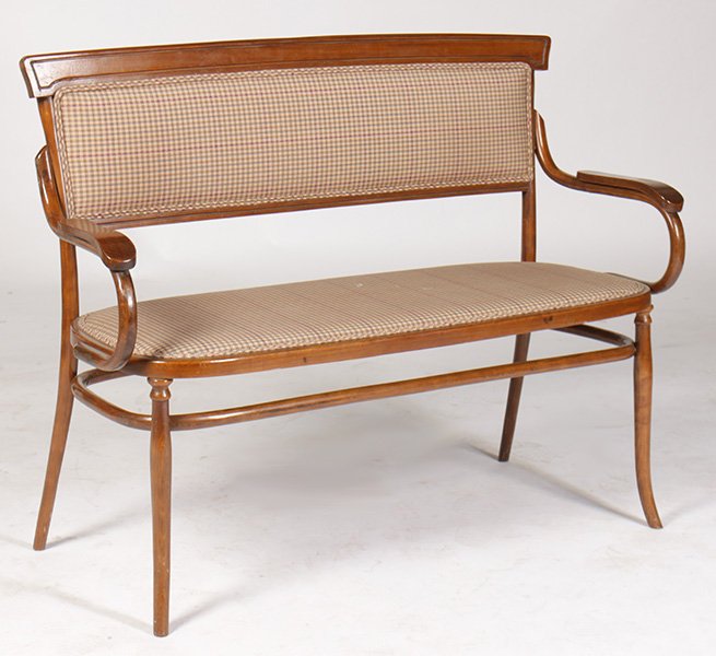 Signed THONET STYLE SETTEE BENTWOOD FRAME UPHOLSTERED: A Thonet style settee labeled "Baumann & Co." having bentwood frame with an upholstered back and seat circa 1930. Ht: 36" Width: 47" Depth: 21"