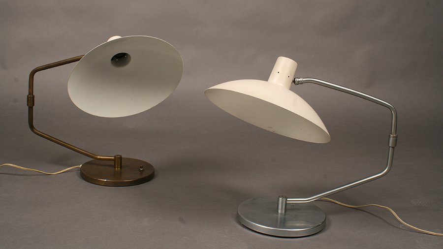 CLAY MICHIE KNOLL METAL TABLE LAMPS DOME SHADES: A similar pair of Clay Michie for Knoll metal table lamps having dome shades and adjustable crane form arm on weighted bases. Ht: 15.5" Width: 16"