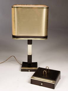 ART DECO STYLE BRUSHED STEEL & LEATHER DESK LAMP: Sleek Art Deco style Le Tanneur brushed steel and leather desk lamp with matching calendar holder, made in France circa 1950. Ht: 24" Width: 12" Depth: 12"