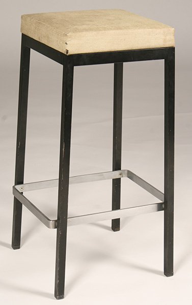 LABELED KNOLL BLACK IRON BRUSHED CHROME STOOL: A labeled Knoll black iron and brushed chrome stool with upholstered seat circa 1970. Ht: 30" Width: 16" Depth: 14"