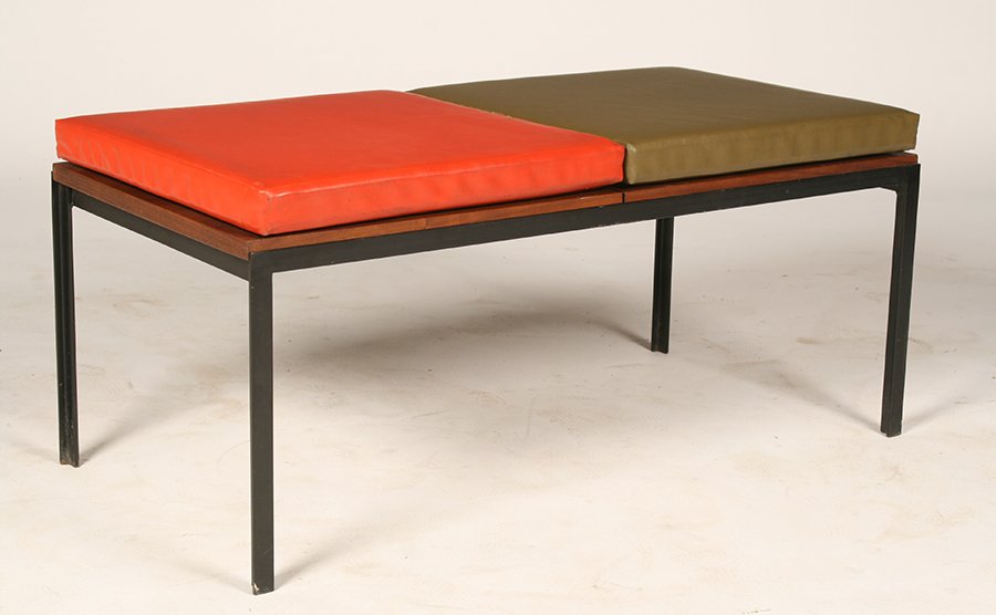 LABELED KNOLL BENCH WROUGHT IRON BASE C. 1960: A labeled Knoll bench having multicolored cushions over a wood seat and supported on wrought iron base with straight legs circa 1960. Ht: 18.5" Width: 40" Depth: 20"
