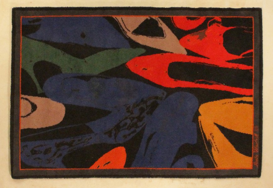 ANDY WARHOL DIAMOND DUST SHOES DESIGNED RUG: Andy Warhol diamond dust shoes designed rug with label on reverse, circa 1980. Ht: 47" Width: 68"