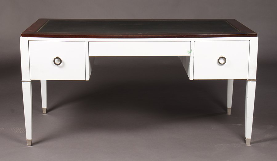 LABELED RALPH LAUREN PAINTED DESK LEATHER TOP: A labeled Ralph Lauren painted desk having inset leather top with banding over two drawers supported on tapered legs with chrome caps. Ht: 30" Width: 60" Depth: 29.5"