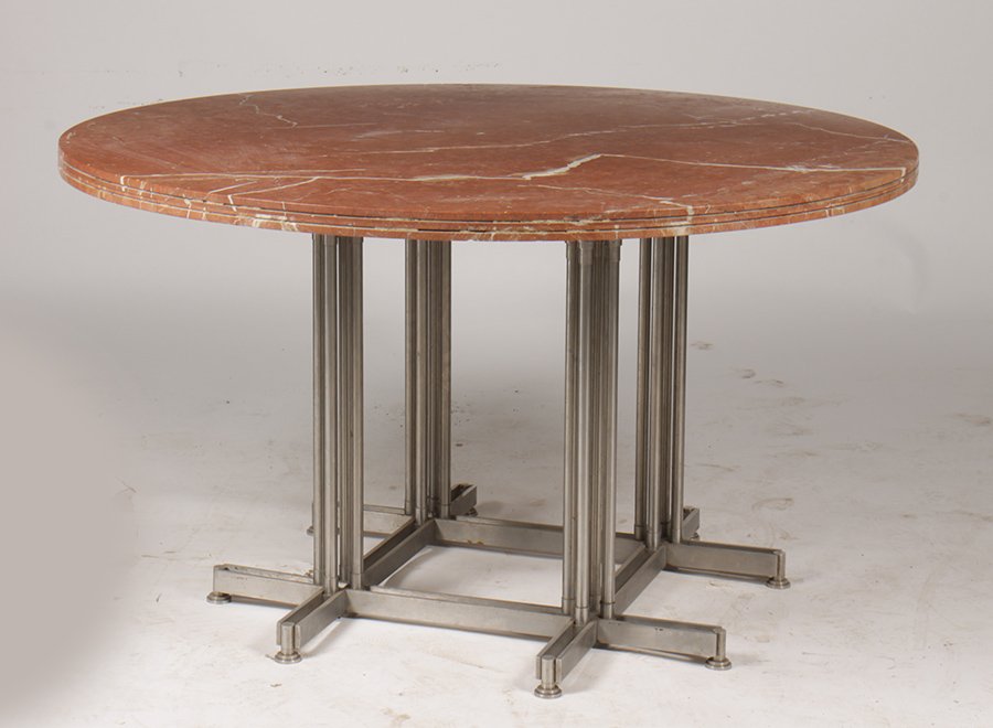 FRENCH INDUSTRIAL MACHINED ALUMINUM MARBLE TABLE: A very good French industrial machined aluminum table circa 1960. Having marble top supported on extruded aluminum base with cluster column legs and base for stretcher. Ht: 28.5" Dia: 51"