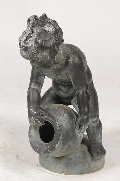 ANTIQUE LEAD FIGURE OF BOY WITH AMPHORA C. 1920: An Antique lead figure of a boy emptying an amphora circa 1920. Ht: 18.5" Width: 9" Depth: 11"