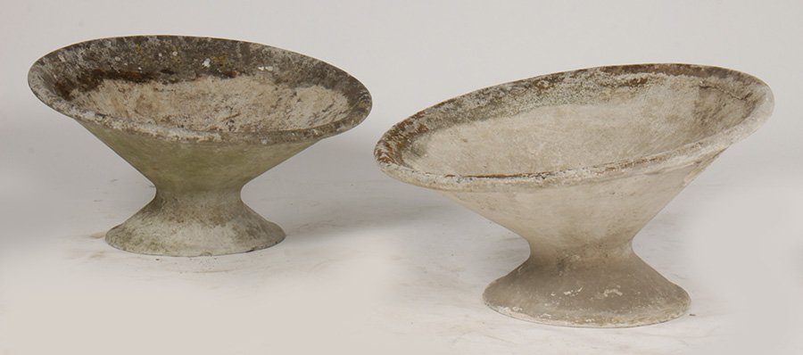 PAIR WILLY GUHL CAST GARDEN PLANTERS CONICAL: A pair of Willy Guhl cast angular garden planters with conical flared tops circa 1950. Ht: 14.5" Dia: 25"