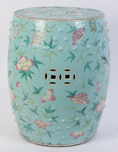 CHINESE PORCELAIN DRUM FORM GARDEN SEAT: A Chinese porcelain drum form garden seat with overall floral and insect decoration. Ht: 18.5" Dia: 14"