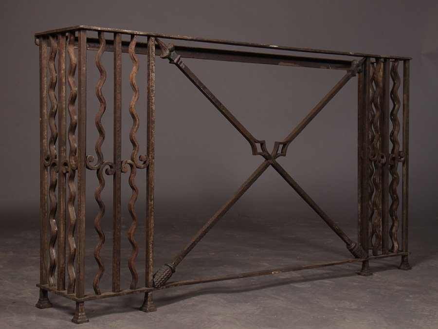 CAST WROUGHT IRON REGENCY CONSOLE TABLE XFORM: A cast and wrought iron Regency style console table with x-form design circa 1910. Ht: 36" Width: 63" Depth: 11.5"